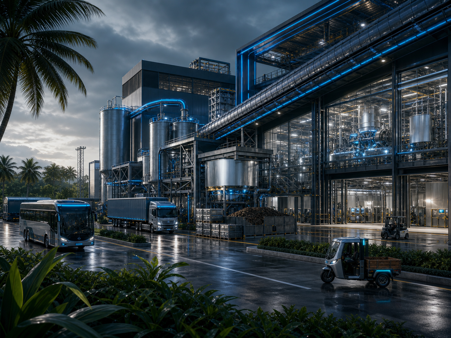Clean industrial biomass facility integrated with electric buses, trucks, and tricycles